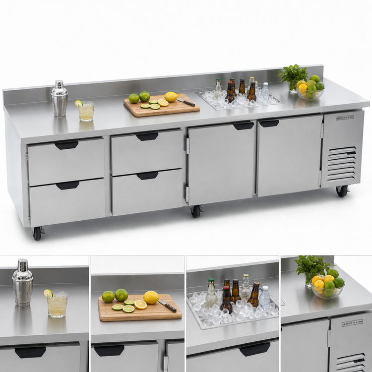Product image #3 for Beverage-Air Four-Section Solid Door Worktop Refrigerator with 4 Drawers and 2 Doors, 119-Inch Wide, Side Mount