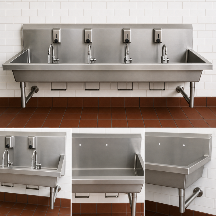 Product image #3 for BK Resources Four-Station Wall-Mounted Hand Wash Sink, 96-Inch 304 Stainless Steel