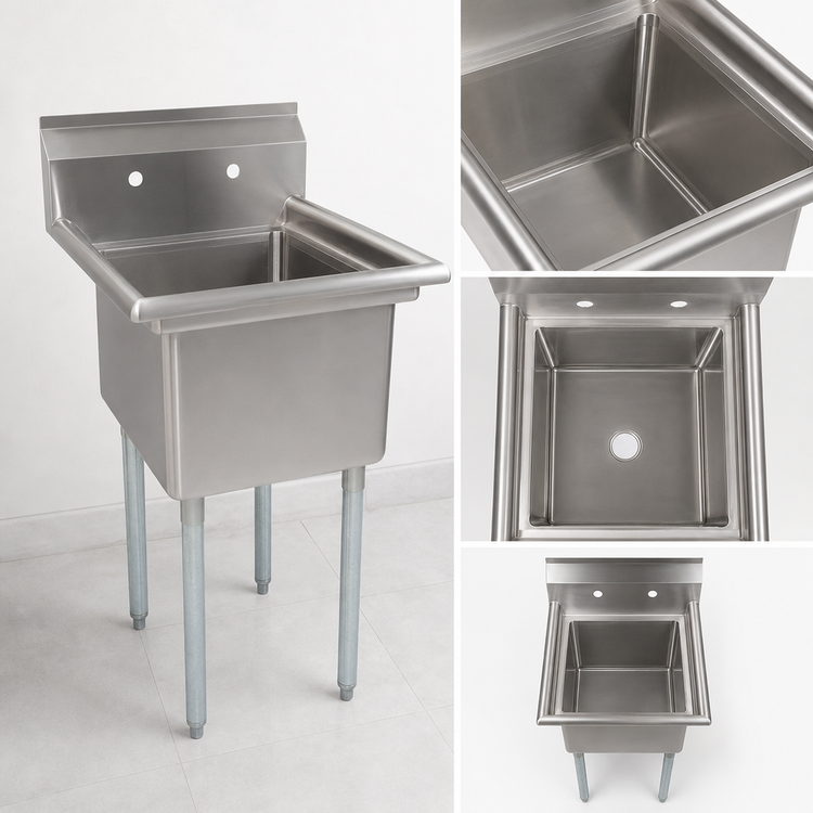 Product image #3 for John Boos E-Series 1-Compartment Stainless Steel Sink with Faucet Holes, 15 x 15 x 14 Bowl and Galvanized Legs