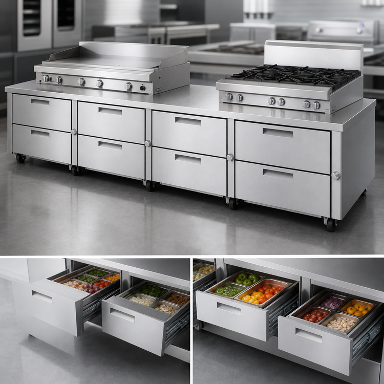 Product image #3 for Garland Polar Cuisine 114-Inch Four-Section Remote Refrigerator Base with 8 27-Inch Drawers