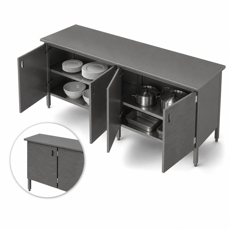 Product image #3 for John Boos Enclosed Base Stainless Steel Work Table with Hinged Doors, 144 x 30 Inches, Flat Top