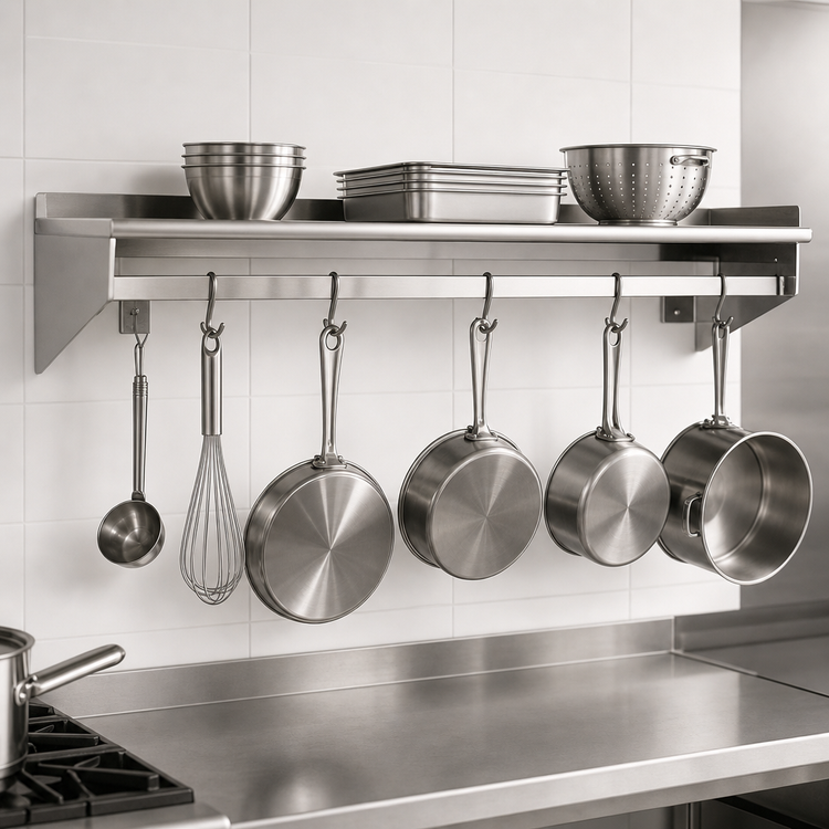 Product image #3 for Eagle Group 132" W x 18" D Wall-Mounted Stainless Steel Wall Shelf with Pot Rack and 11 Hooks