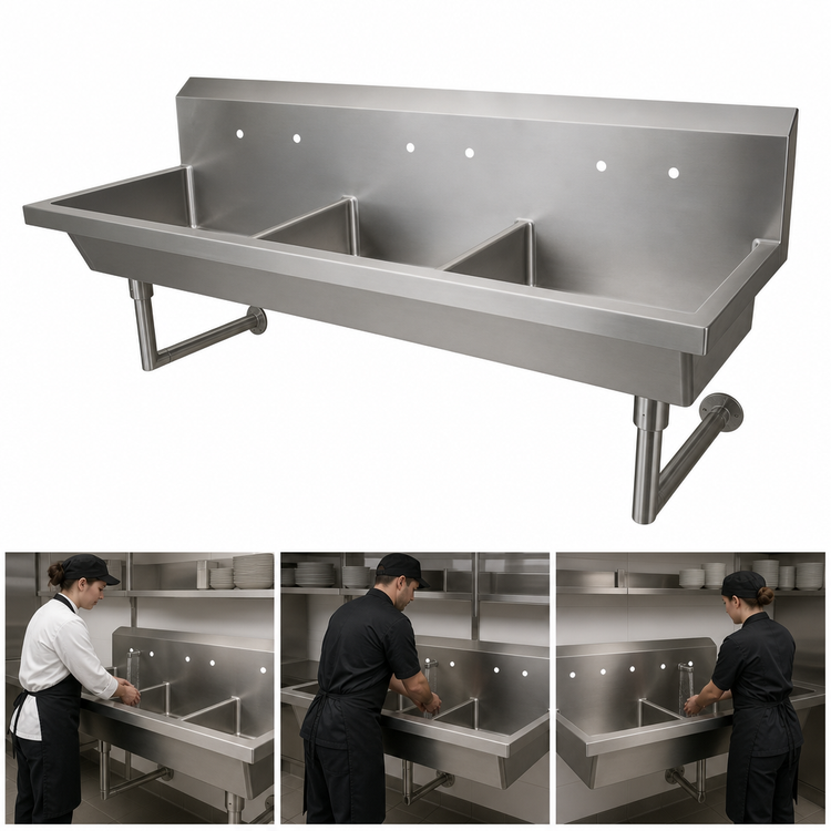 Product image #3 for BK Resources Three-Station Wall-Mounted Stainless Steel Hand Wash Sink, 72 Inches Wide