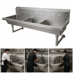 Thumbnail image #3 for BK Resources MSHS-72W2 Three-Station Wall-Mounted Stainless Steel Hand Wash Sink, 72-Inch Wide, 8-Inch Deep Bowl