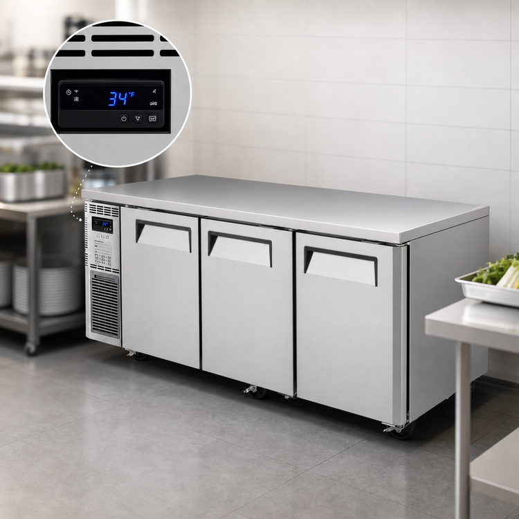 Product image #3 for Turbo Air J Series 3-Section Side-Mount Self-Contained Undercounter Refrigerator, 17.2 Cu. Ft., Solid Doors, Stainless Steel
