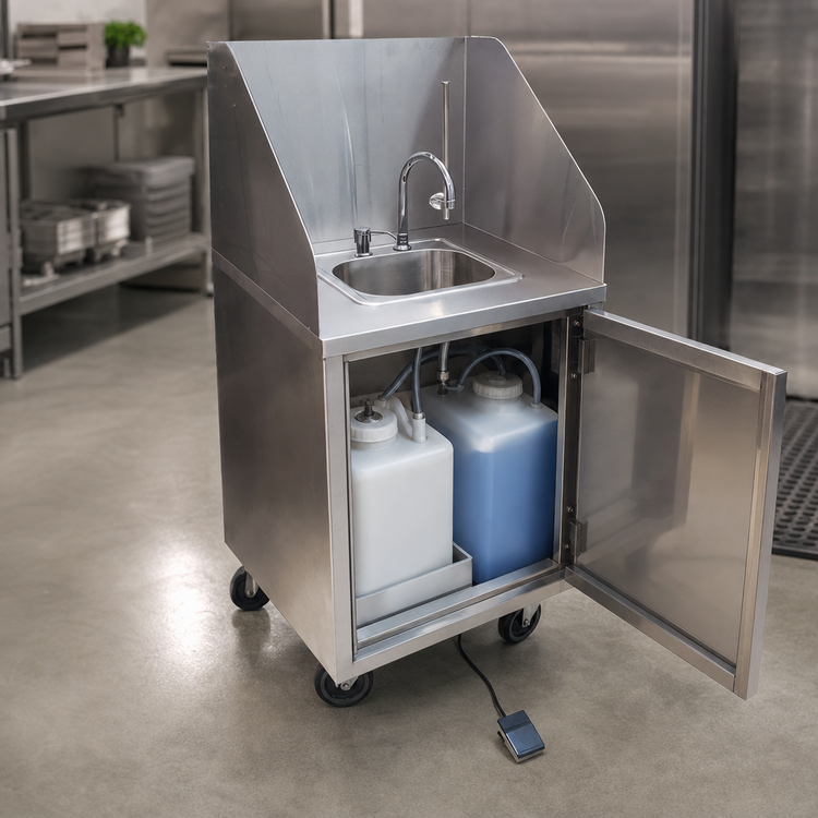 Product image #3 for BK Resources Mobile Self-Contained Cold Water Hand Wash Sink with 12 x 10 x 5-3/4 Bowl, Foot Switch, and Tanks