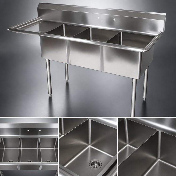 Product image #3 for John Boos E-Series 3-Compartment Stainless Steel Sink with Left Drainboard and Backsplash