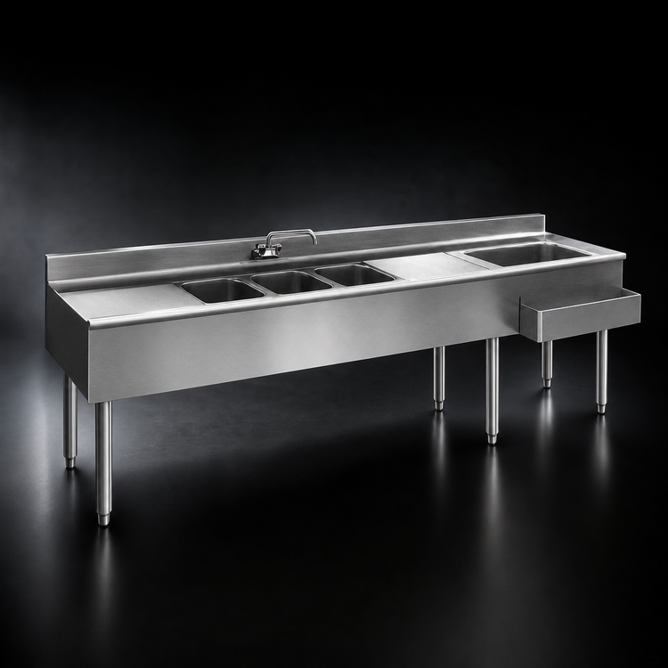 Product image #3 for Eagle Group 2200 Series 84-Inch Underbar Combination Unit with 3 Sink Bowls, 24-Inch Ice Bin, and Right-Hand Speed Rail