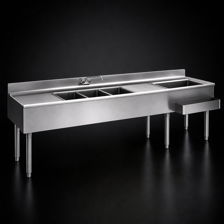 Product image #3 for Eagle Group 2200 Series 96-Inch Underbar Combination Unit with 4 Sink Bowls, Left Ice Bin and Speed Rail