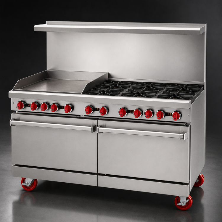 Product image #3 for American Range 60-Inch Gas Restaurant Range with 12-Inch Griddle, 8 Open Burners, Convection Oven and Storage Base