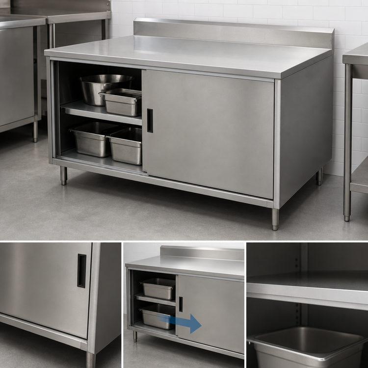Product image #3 for BK Resources Stainless Steel Chef Table Cabinet Base with Sliding Doors, 48 x 36 x 39-3/4 Inches, 5-Inch Back Riser