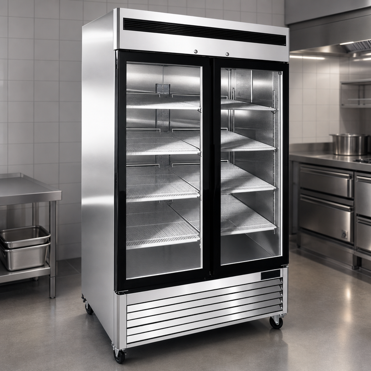 Product image #3 for Atosa MCF8703ES Two-Section Glass Door Reach-In Freezer Merchandiser, 44.8 Cu. Ft., Bottom-Mount Self-Contained, Stainless Steel