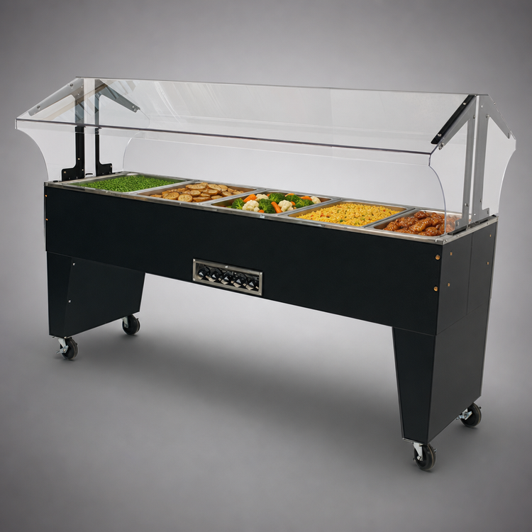 Product image #3 for Advance Tabco Triumph 5-Well Portable Electric Hot Food Buffet Table with Open Base and Double-Sided Sneeze Guard