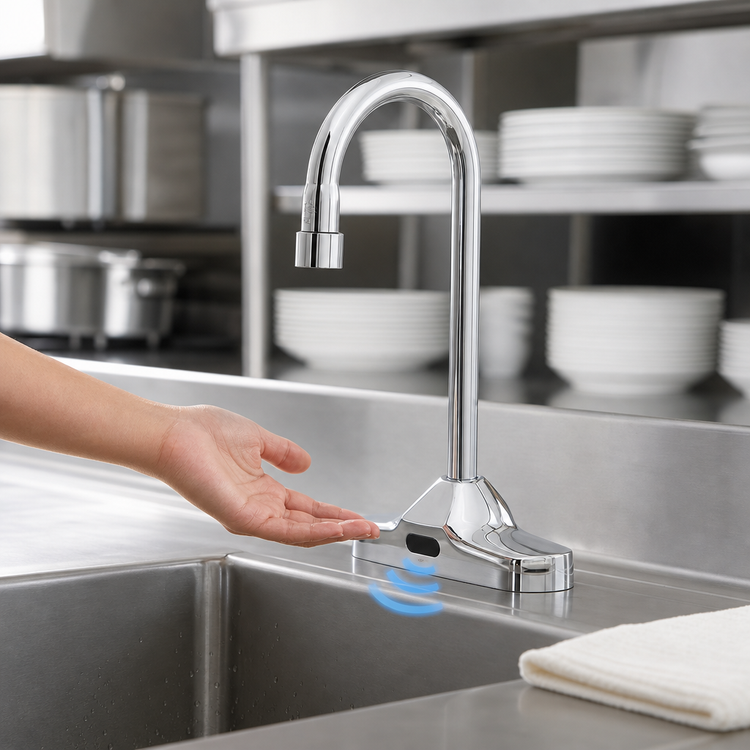 Product image #3 for ChekPoint Electronic Touchless Deck Mount Faucet with 4-Inch Centers and Rigid Gooseneck Spout