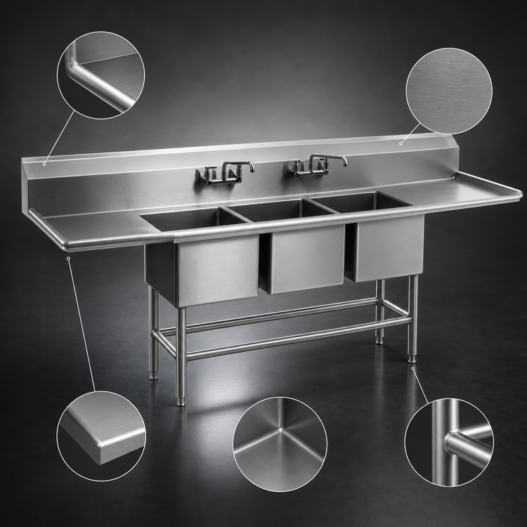 Product image #3 for Spec-Master FN Series Coved Corner Three-Compartment Sink with Left and Right Drainboards, 102W x 27D, 14-Gauge Stainless Steel