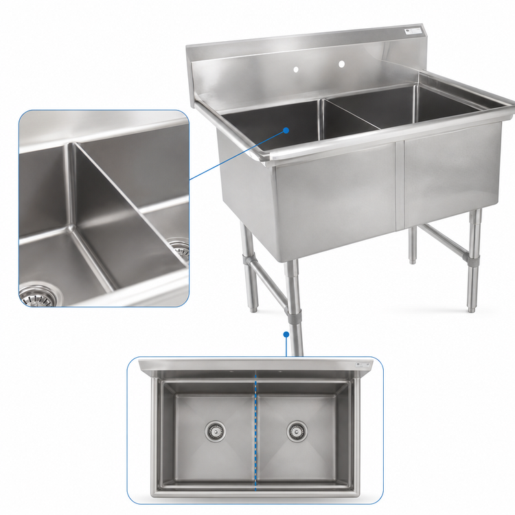 Product image #3 for John Boos B Series Commercial 2-Compartment Stainless Steel Sink, 53-1/8" x 29-1/2", 14" Deep Bowls