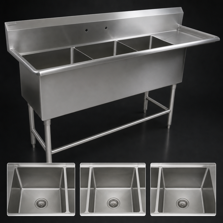 Product image #3 for John Boos Pro-Bowl 3-Compartment Stainless Steel Sink with Right-Hand Drainboard, 30" x 24" x 14" Bowls, 14-Gauge
