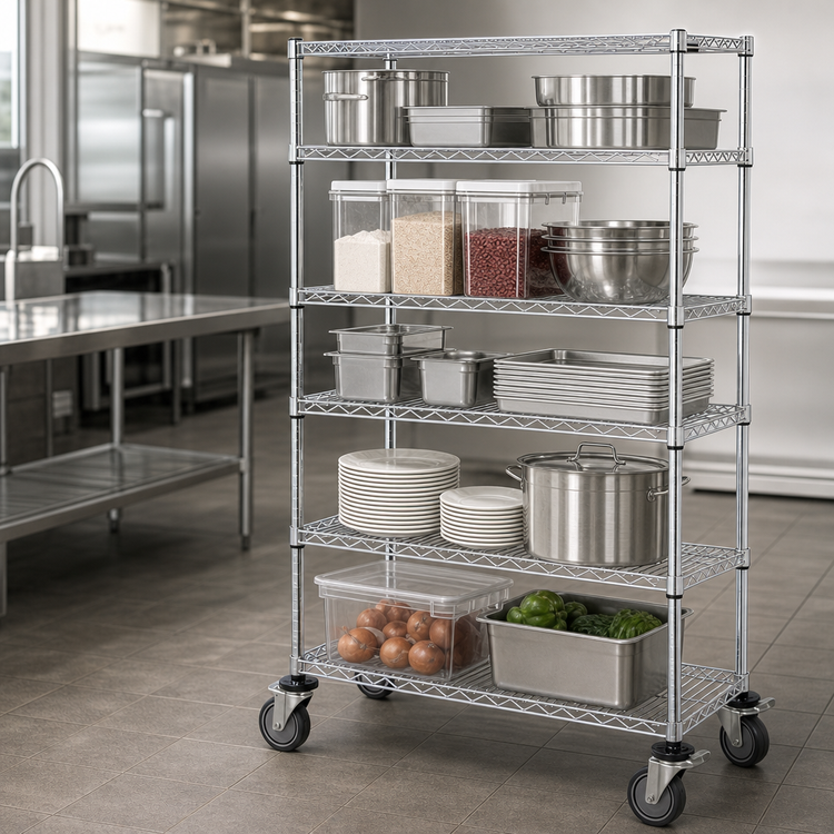 Product image #3 for Quantum 5-Shelf Mobile Wire Shelving Cart, 36 x 24 x 69 Inches, Chrome Plated Finish