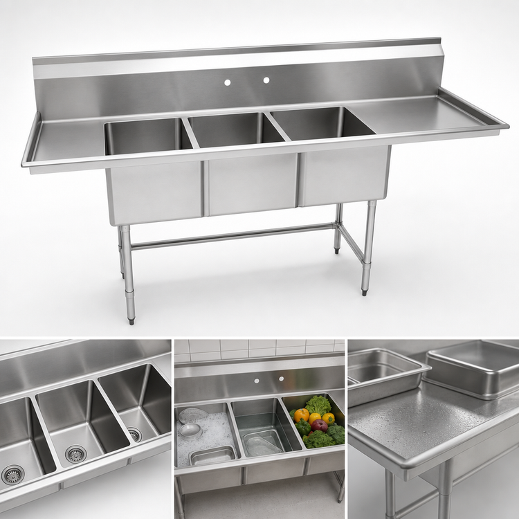 Product image #3 for Eagle Group BlendPort® BPFC Series 3-Compartment Sink with Right Drainboard, 18 x 18-Inch Bowls, 16 Gauge 304 Stainless Steel