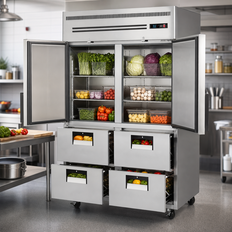 Product image #3 for Everest Refrigeration Two-Section Reach-In Refrigerator with Half Doors and Drawers, 48 Cu. Ft., Top-Mounted Self-Contained Refrigeration, Stainless Steel