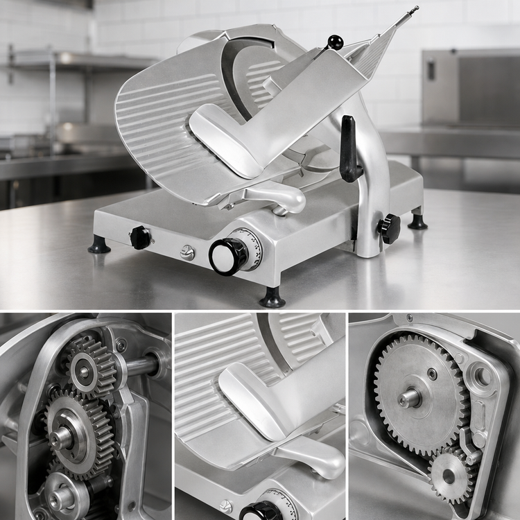 Product image #3 for Omas Trento 13-Inch Gear-Driven Manual Gravity Feed Meat Slicer, 1/3 HP, 110V