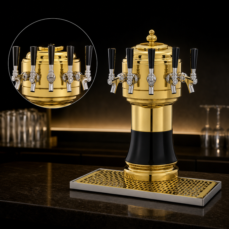 Product image #3 for Glastender Zeus 5-Faucet Polished Brass Draft Dispensing Tower with Surface-Mount Drain Pan