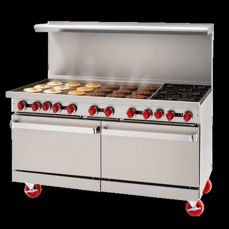 Product image #3 for American Range 60-Inch Gas Restaurant Range with 48-Inch Griddle, 2 Open Burners, and Dual Storage Bases