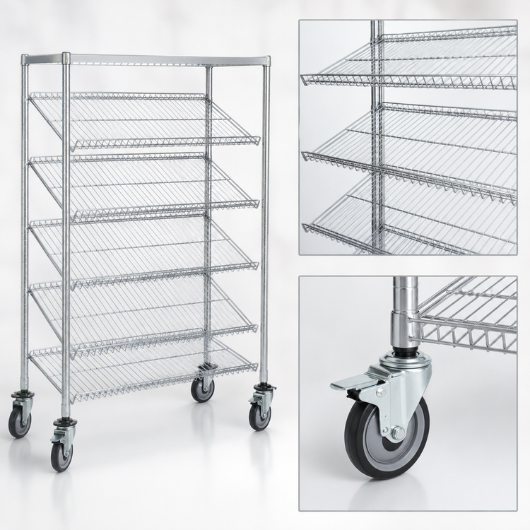 Product image #3 for Metro Super Erecta Slanted-Shelf Merchandiser/Dispenser Rack with 5 Slanted Shelves, 36 Inch x 18 Inch x 70 Inch, Open Wire, 5 Inch Brake-Lock Casters