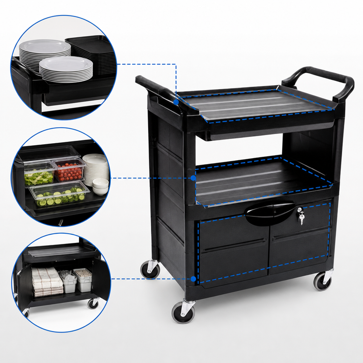 Product image #3 for Rubbermaid Commercial 3-Shelf Enclosed Utility Bus Cart with Lockable Doors and Sliding Drawer