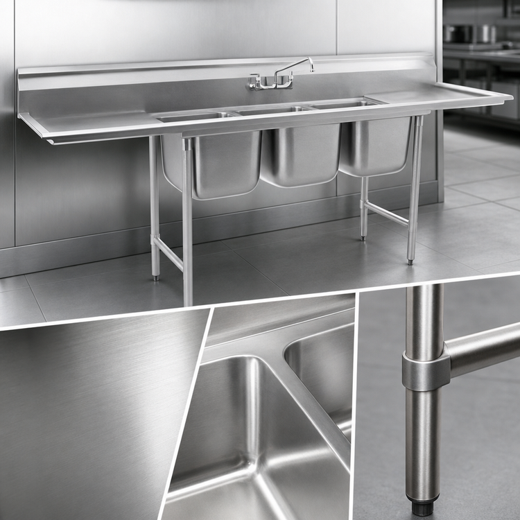 Product image #3 for 108-Inch Three-Compartment Stainless Steel Sink with Left and Right Drainboards