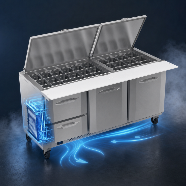 Product image #4 for Victory UltraSpec V-Core 72-Inch Three-Section Sandwich Prep Refrigerator with 2 Doors, 2 Drawers, and 30-Pan Top