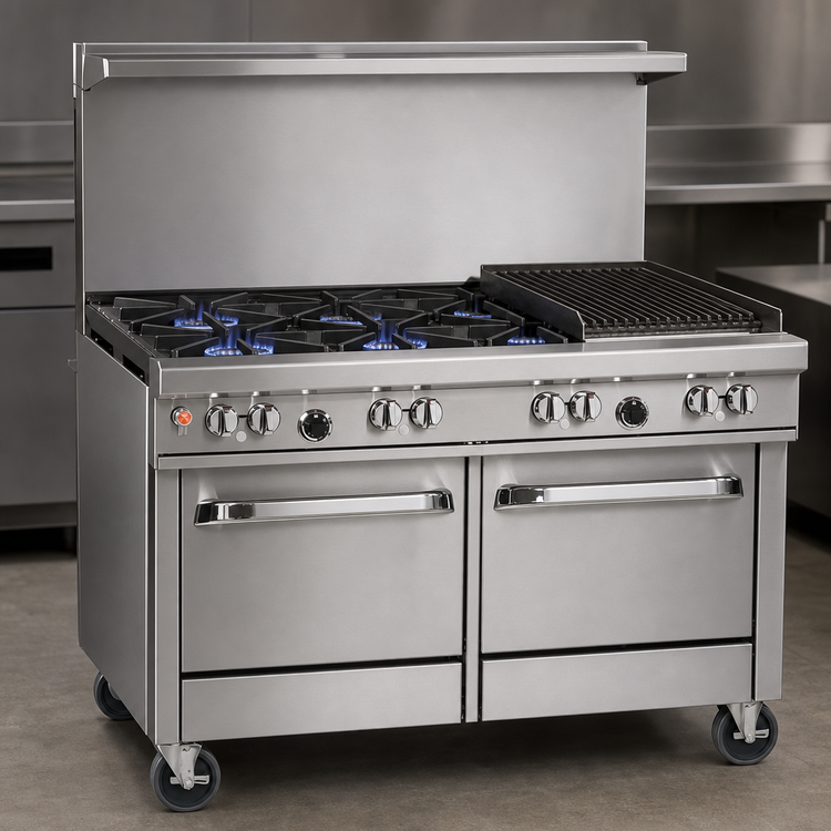 Product image #3 for Southbend Ultimate 48-Inch Gas Restaurant Range with 4 Non-Clog Burners, 24-Inch Charbroiler, and 2 Space Saver Ovens