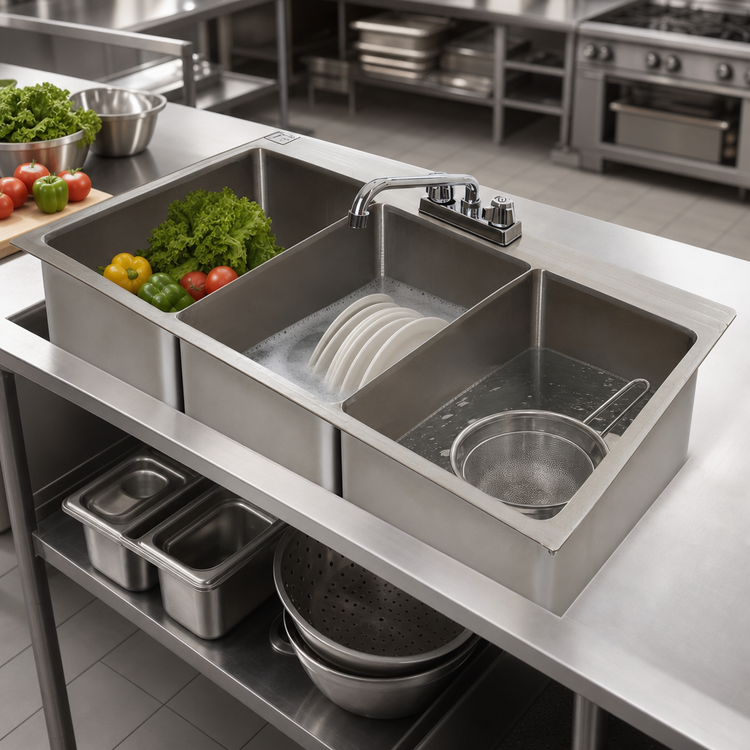 Product image #3 for Three-Compartment Drop-In Stainless Steel Sink with 10 x 14 x 10 Inch Bowls