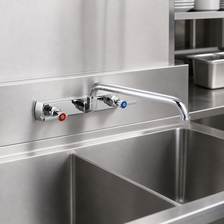 Product image #3 for BK Resources OptiFlow Heavy Duty Solid Body Backsplash-Mount Faucet with 12-Inch Swing Spout, 8-Inch Centers