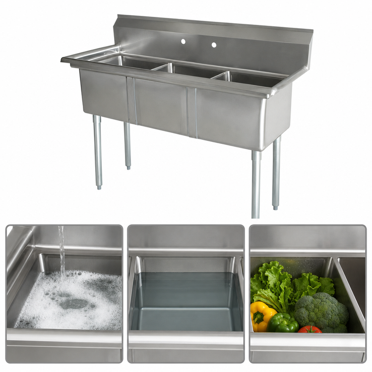 Product image #3 for Omcan 3-Compartment Pot Sink with 21 x 18 x 14-Inch Bowls, 304 Stainless Steel, 59-Inch Wide