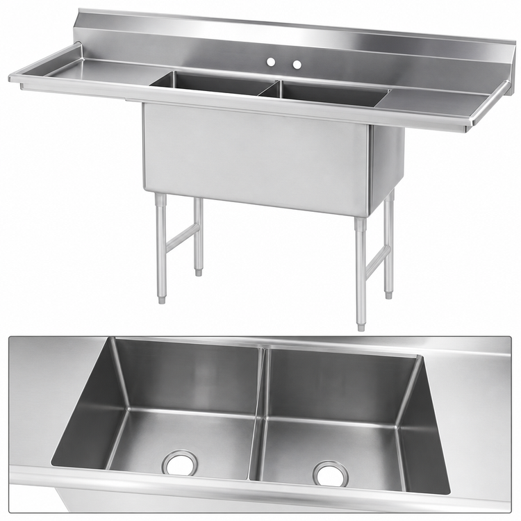 Product image #3 for Advance Tabco Special Value Series 2-Compartment Fabricated Sink with Left and Right Drainboards, 18" x 18" x 14" Bowls, 84" Long