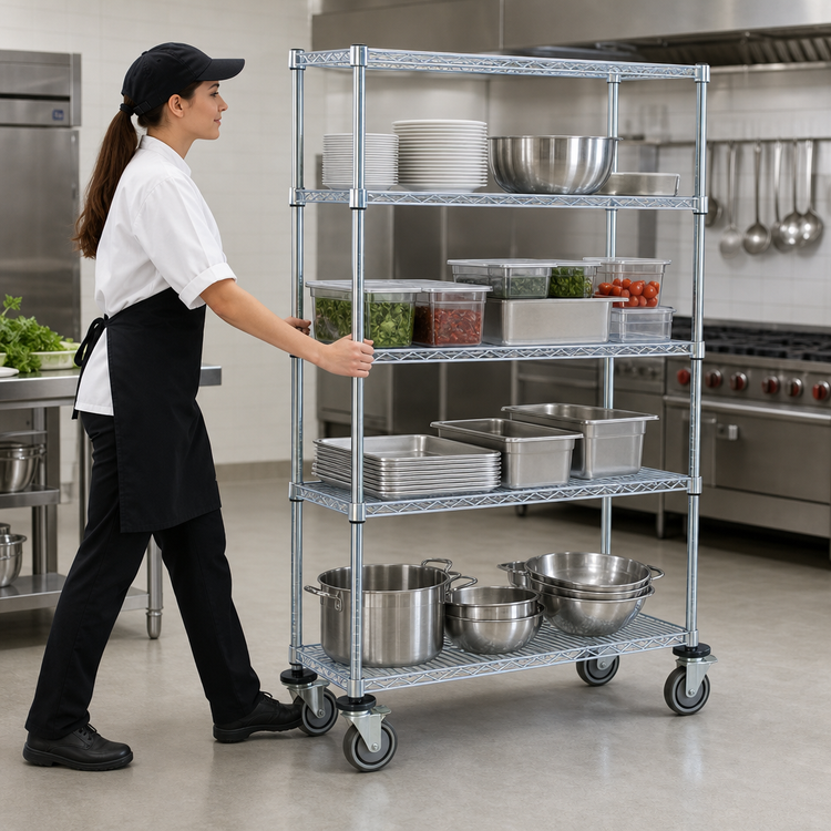 Product image #3 for Quantum Mobile Wire Shelving Cart with 4 Shelves, 48W x 18D x 80H, Chrome Plated Finish