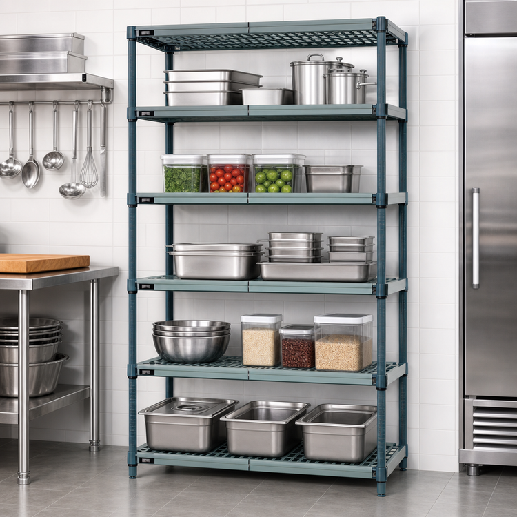 Product image #3 for Quantum Stationary 5-Tier Wire Plastic Mat Shelving Unit, 54 x 21 x 86 Inches, Green Epoxy Antimicrobial Finish