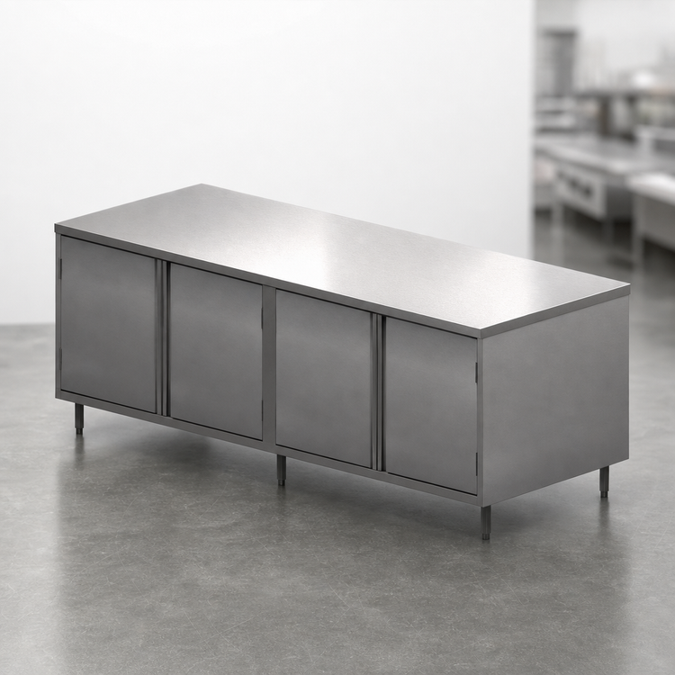 Product image #3 for BK Resources Stainless Steel Chef Table Cabinet Base with Locking Hinged Doors, 120 x 30 Inches