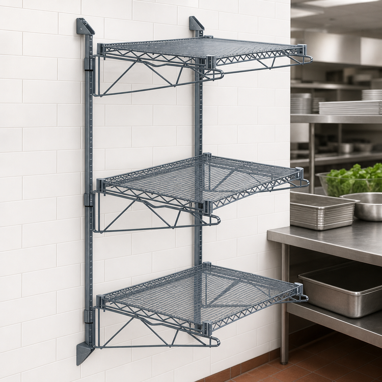 Product image #3 for Quantum Wall-Mounted Cantilever Wire Shelving Starter Unit with 3 Shelves, Gray Epoxy Antimicrobial Finish