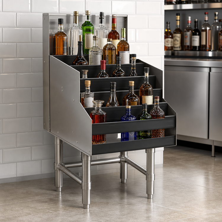 Product image #3 for Spec-Bar Freestanding 4-Step Liquor Bottle Display Unit, 30W x 24D, Single Speed Rail Alignment