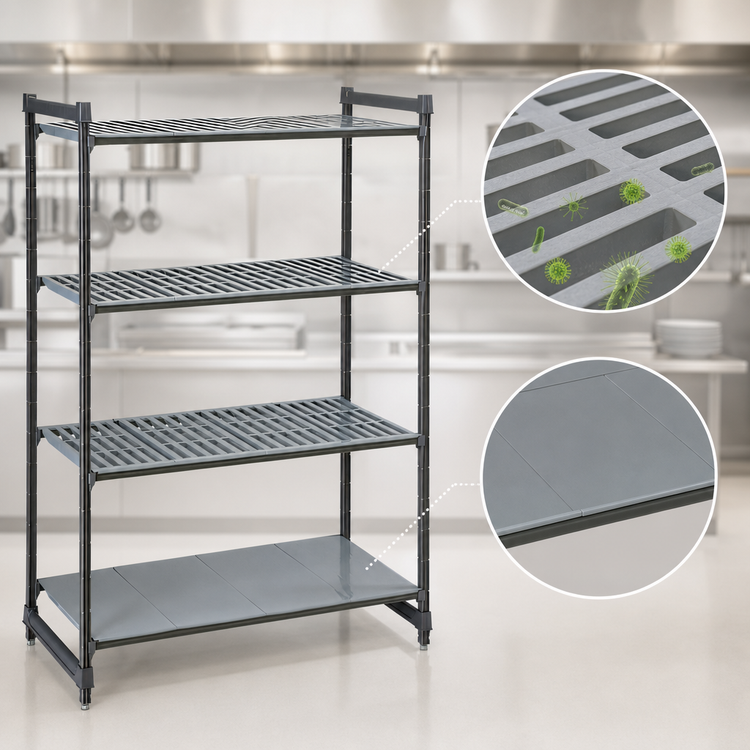 Product image #3 for Cambro Camshelving Basics Plus 24" x 54" x 72" Stationary Starter Shelving Unit, 4-Tier, 3 Vented + 1 Solid, Brushed Graphite