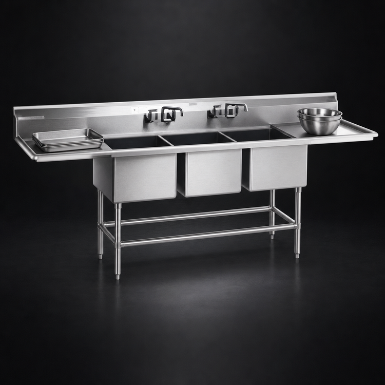 Product image #3 for Eagle Spec-Master FN Series Coved Corner Three-Compartment Sink with Dual 30-Inch Drainboards