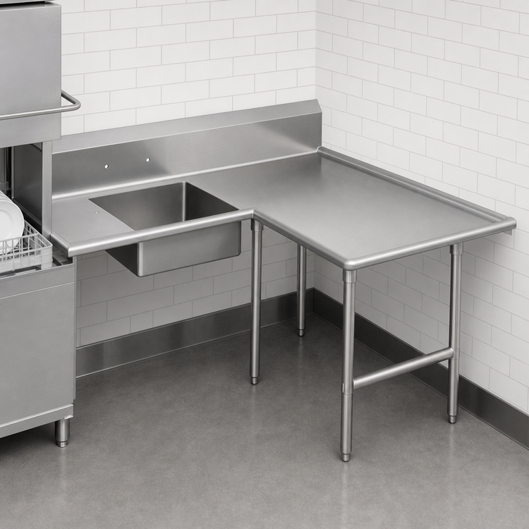 Product image #3 for John Boos Pro-Bowl L-Shaped Soiled Landing Dishtable with 20 x 20 x 8 Sink Bowl and 10-Inch Landing Shelf, Right-to-Left