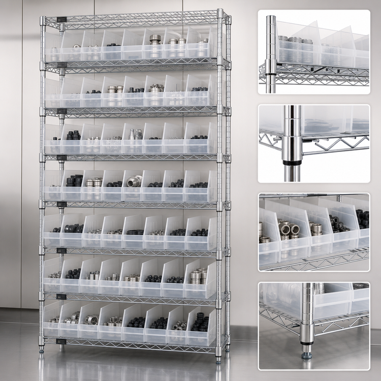 Product image #3 for Quantum Chrome-Plated 9-Shelf Wire Shelving Bin Storage System with 64 Clear Bins, 36 x 24 x 74 Inches