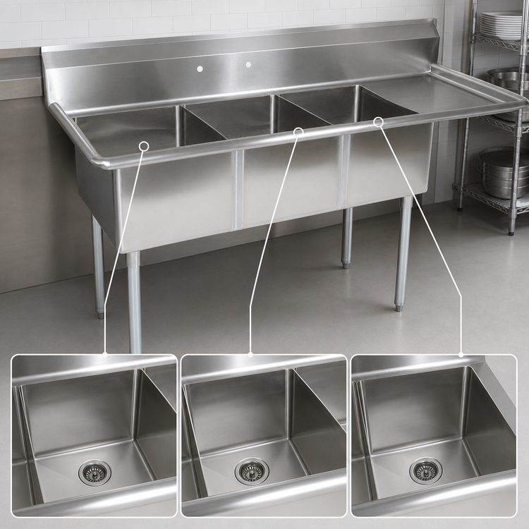 Product image #3 for John Boos E-Series 3-Compartment Sink with Right-Hand Drainboard, 62-1/2-Inch Wide, 18-Gauge 300 Series Stainless Steel