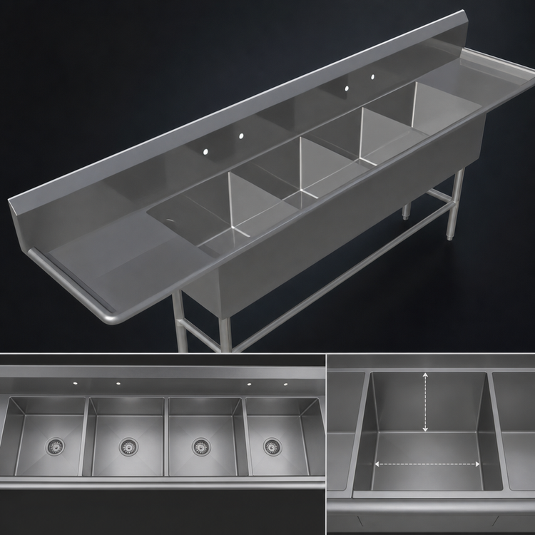 Product image #3 for John Boos Pro-Bowl 4-Compartment Sink with Dual 30-Inch Drainboards, 14-Gauge Stainless Steel