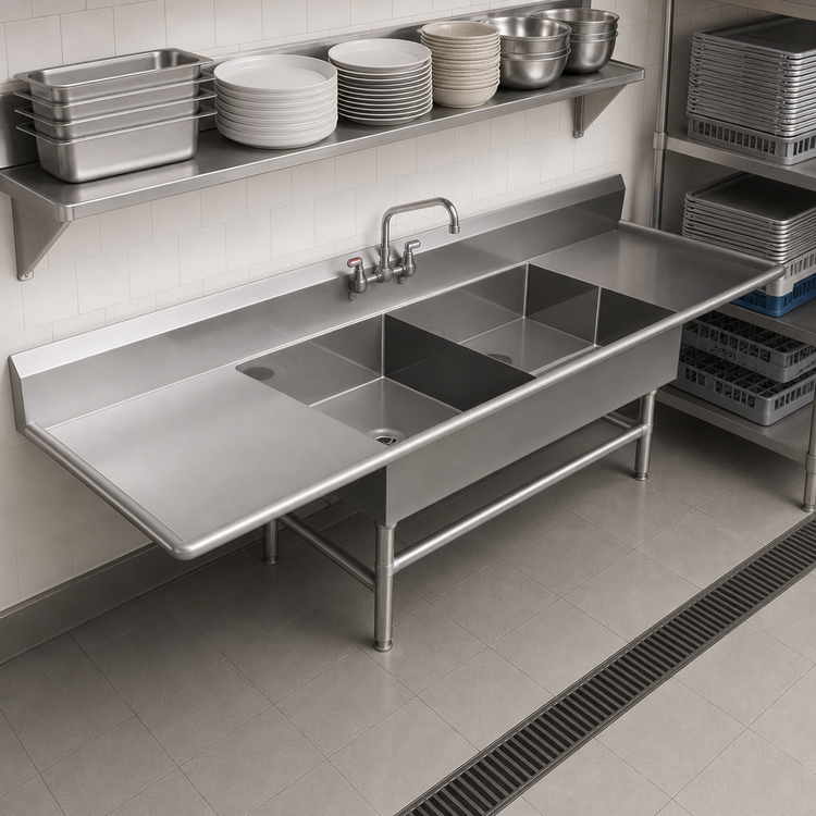 Product image #3 for John Boos Pro-Bowl 3-Compartment Platter Sink with Left and Right Drainboards, 12-Inch Deep Bowls, 14-Gauge Stainless Steel