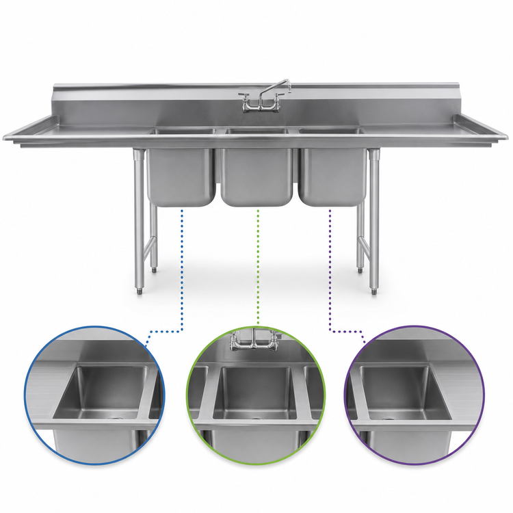 Product image #3 for Eagle Group 314 Series 3-Compartment 304 Stainless Steel Sink with Left and Right Drainboards, 96 Inch