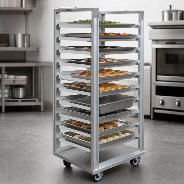 Product image #3 for Dinex Universal Aluminum Angle Rack, 20 Tray Capacity, 3-Inch Slide Spacing